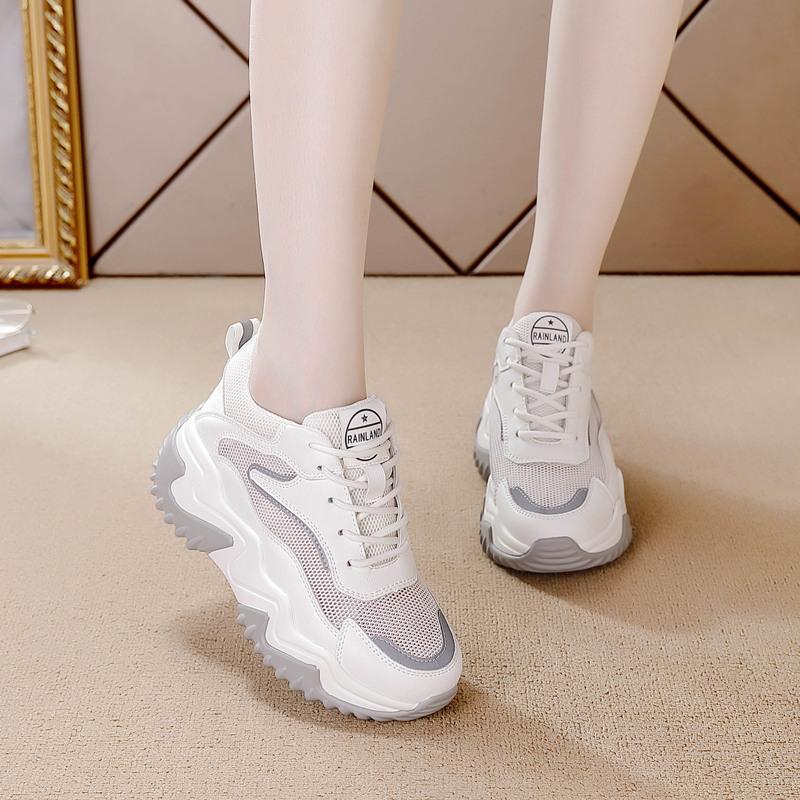 Lace-up Casual Shoes Women's Thick-soled Inner Height Increase Summer Breathable Mesh Shoes Low-top Muffin Bottom Dad Shoes Women