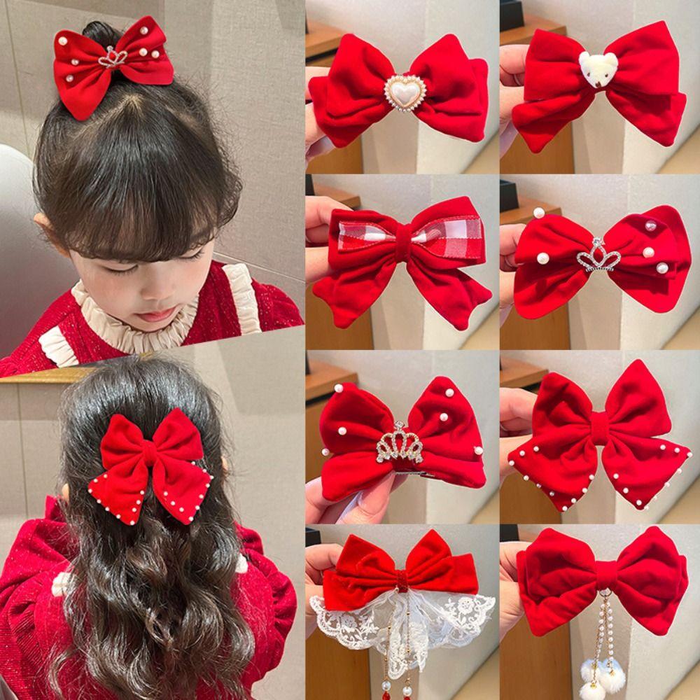 Crown Chinese New Year Headwear Plush Hanfu Hair Sticks Simple Velvet Red Bow Hairpin  Girls