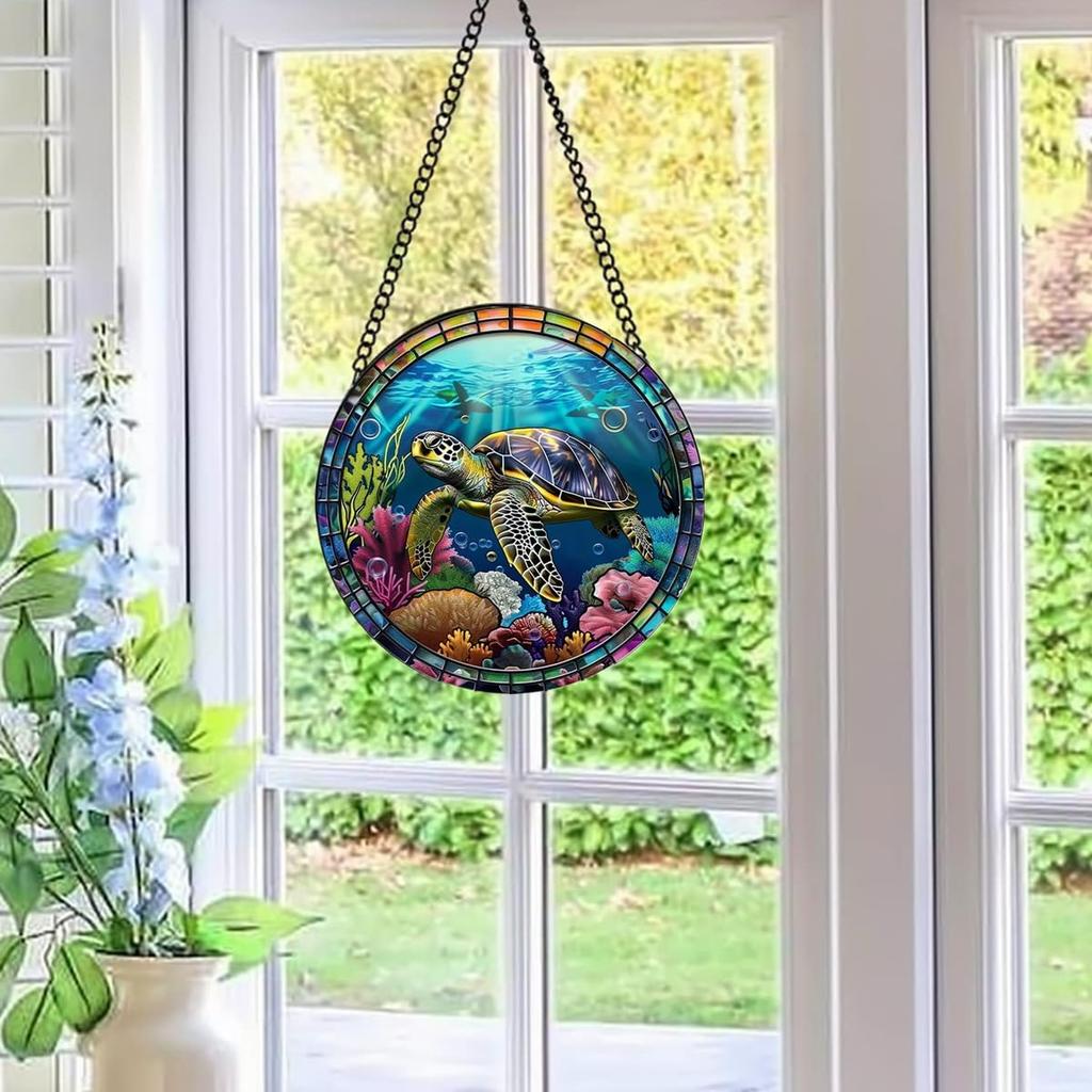 Sea Turtles Stained Window Hanging, 11.81 in Large Acrylic Suncatcher Window Panel Double-Sided Marine Animals Wall Decor for Cafe Home, Gift for