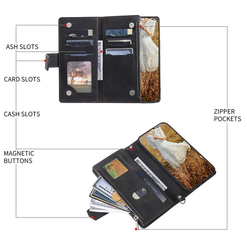 Long Lanyard Flip Leather Wallet Zipper Phone Case for iPhone 16 Pro Max 15 14 11 13 12 X XS XR Plus SE 2022 Card Holder Cover