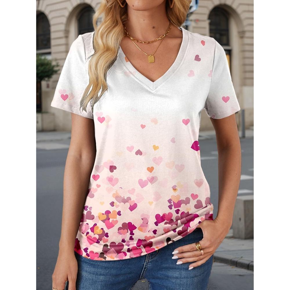 Women's Trendy T-Shirt Flowers Graphics Fashion Short Sleeved V-Neck Regular Tops Daily Print Tee Summer Y2K Casual Tops