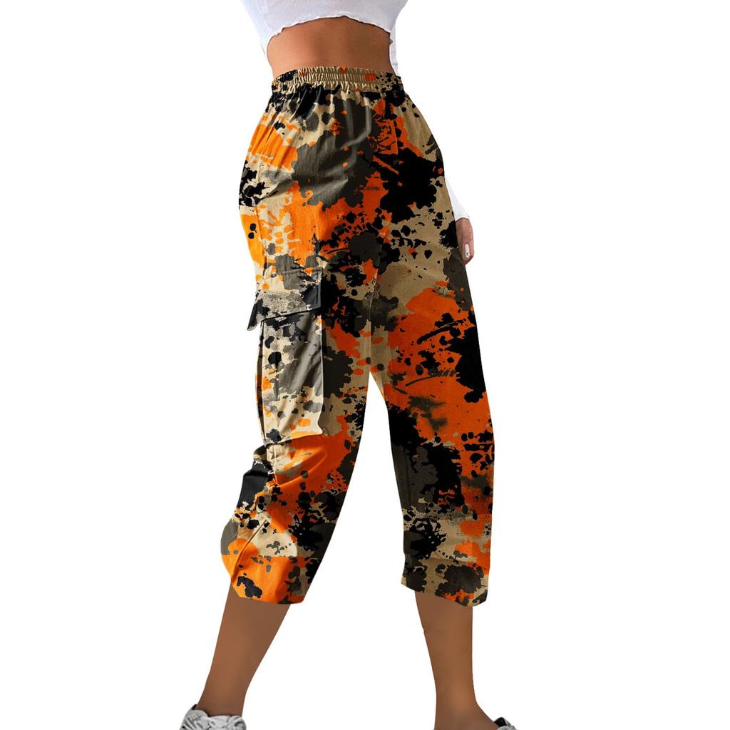 Ladies' Casual Work Pants With Elastic Waistband And Camouflage Printed Cropped Pants