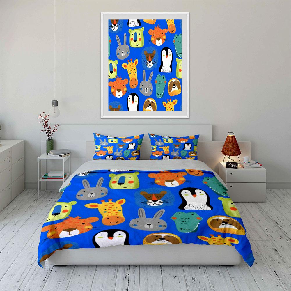 Cartoon Animal Faces Pattern Bedding Duvet Cover Set (1*Duvet Cover 2*Pillowcases, without duvet insert)