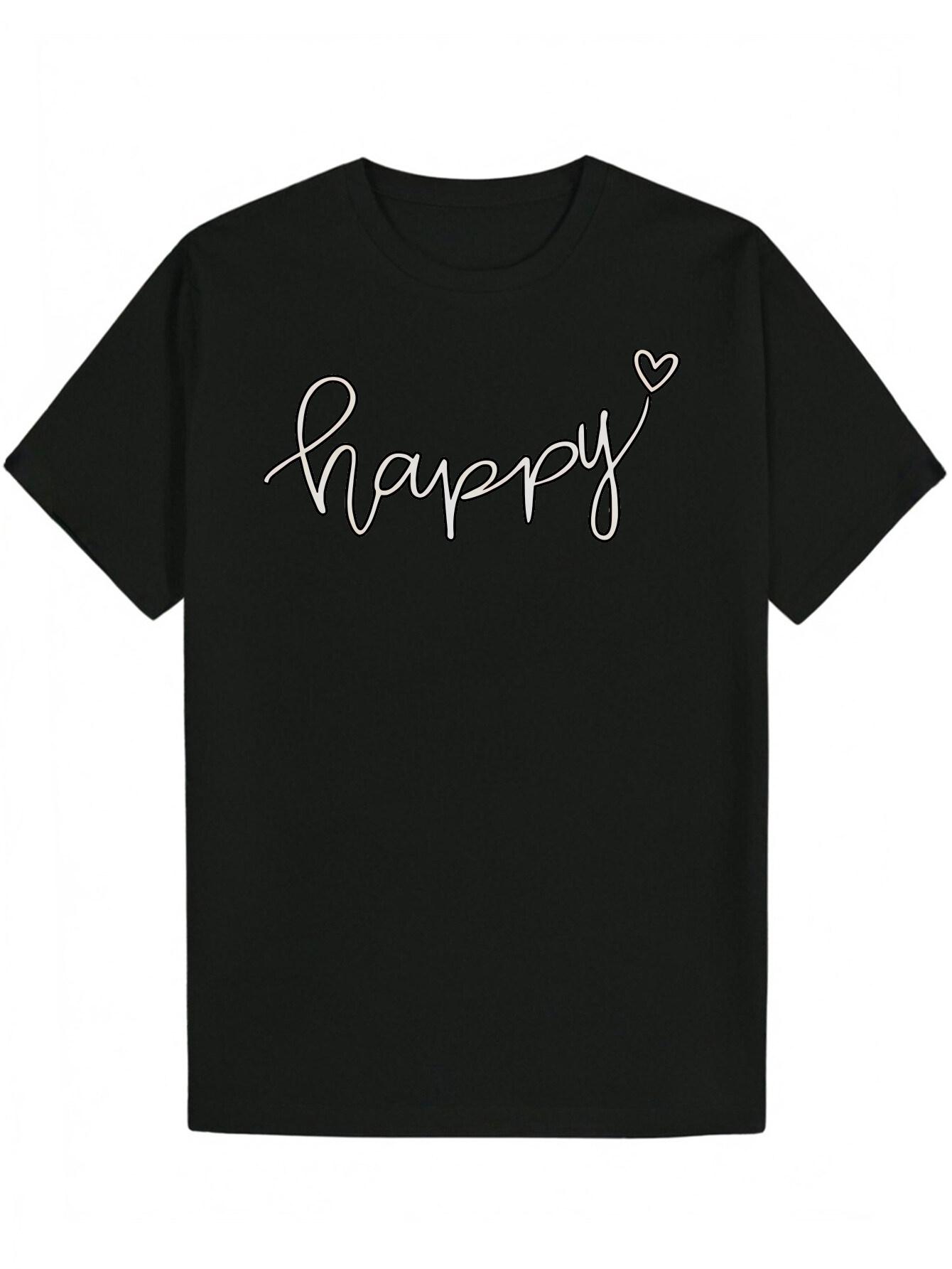 Short Sleeve T-shirt - Black with White Cursive Happy Lettering & Heart Design S