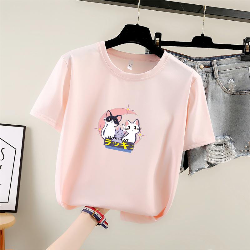 Harajuku Cute Cartoon Cat Print Short Sleeve T-shirts Women Summer Casual Loose Student T Shirt Young Girl Y2k Tops
