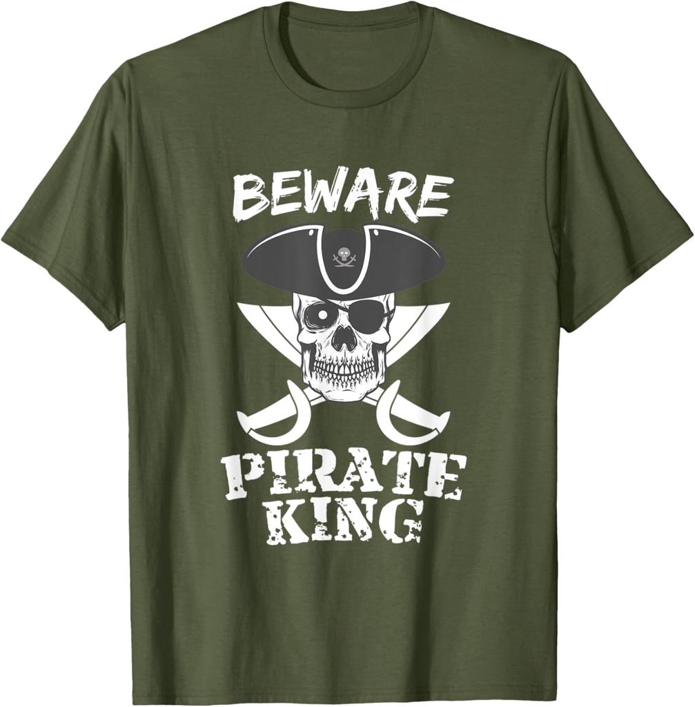 Beware Pirate King Skull and Crossed Swords Graphic Tee Casual Cotton Short Sleeve TShirt