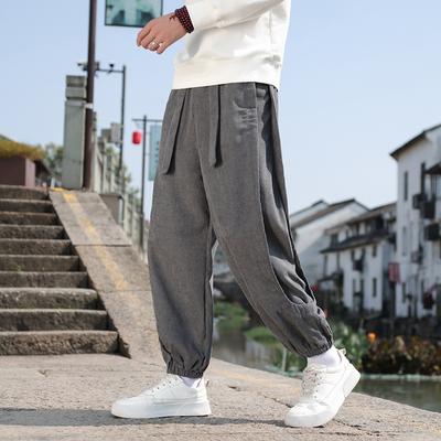 Men's Spring and Autumn Chinese Style Corduroy Casual Pants Tying Feet Sports Pants Bloomers Wide-leg Pants