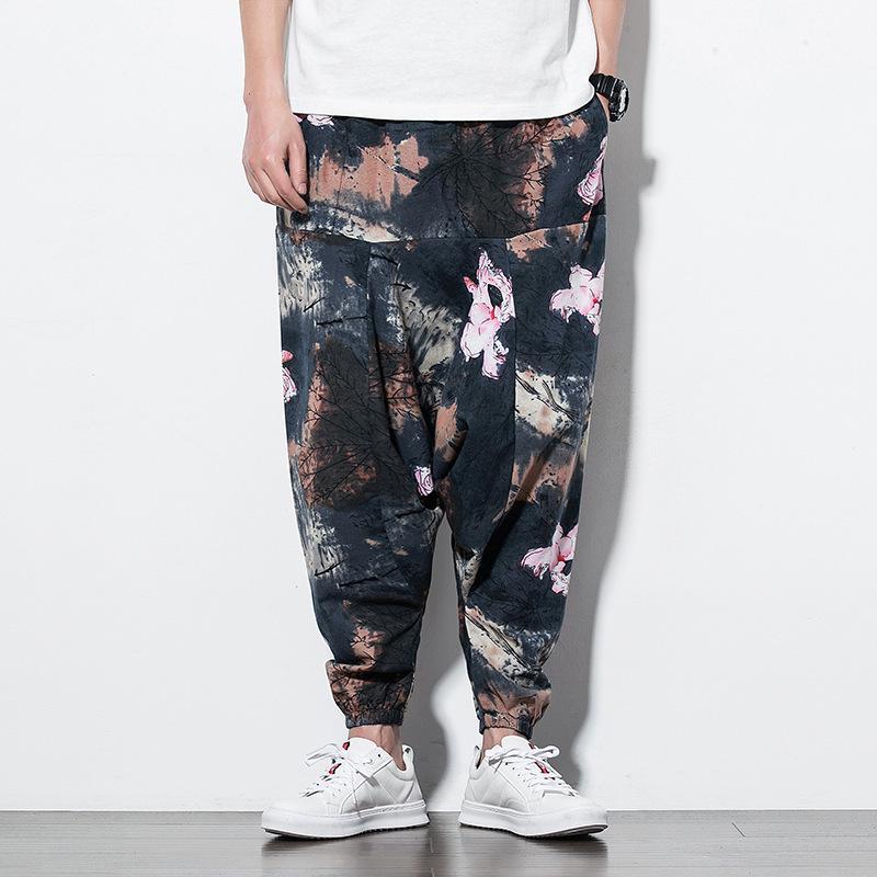 2026 Spring Men's Chinese-Style Cotton Linen Harem Pants - Printed Hip Hop Trousers