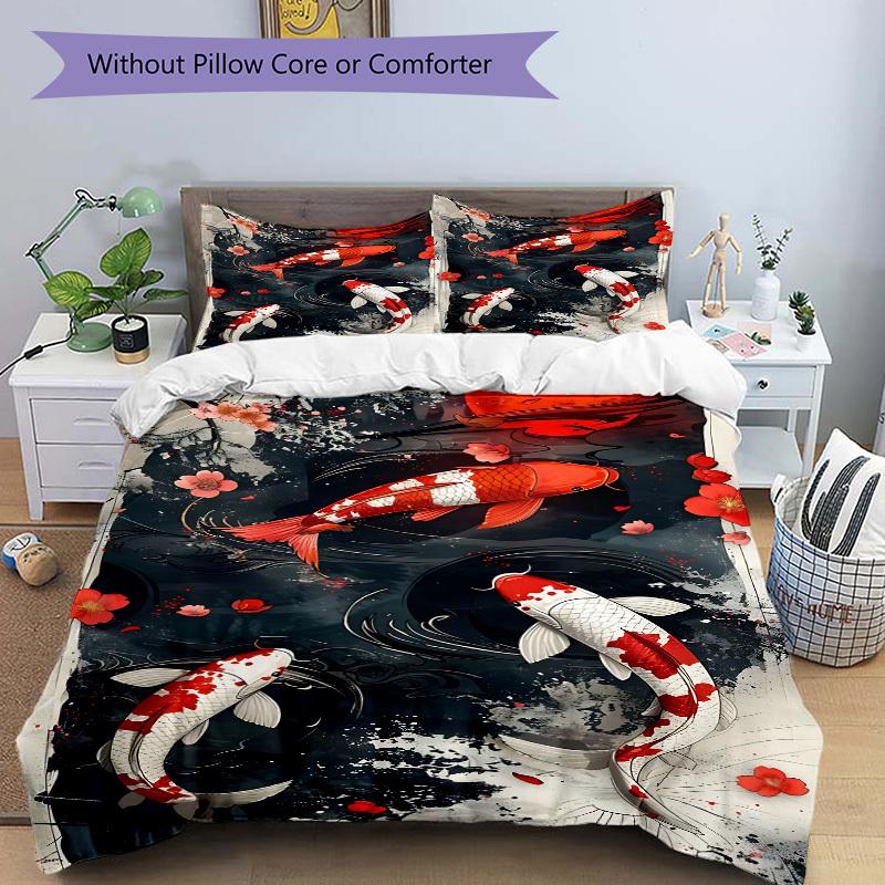 3pcs Koi Fish Sakura Blossom Duvet Cover Set, Cover For Bedroom Guest Room (1 Duvet Cover + 2 Pillowcase, Without Quilt),  Yy250922168