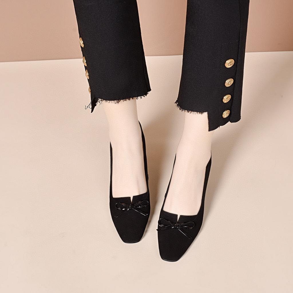 Small Square Head High Heels Women's Spring Simple Temperament Black Stiletto Fashion Shoes Bow Light Mouth Women's Single Shoes