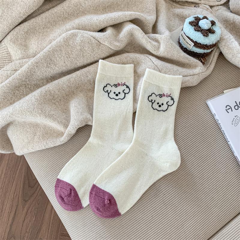 Autumn and Winter Puppy Grey Series Contrasting Color Mid-calf Warm Wool Women's Socks Cartoon Cute School Style Comfortable