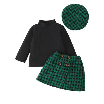 0-3Y Fashion Baby Girl Clothes Sets 3pcs Long Sleeve Ribbed Solid Tops + Houndstooth Plaid Skirt + Hat