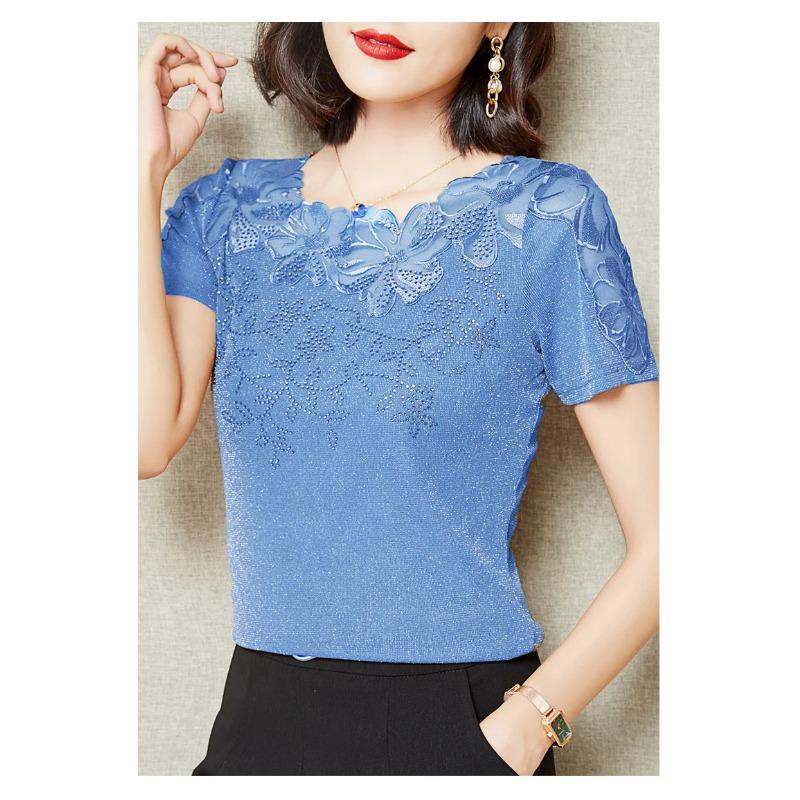 Női Póló Csipke Lyukacsos Hímzett Hálós Pólók Divatos Alkalmi Rövid Ujjú Strasszos Női Ing