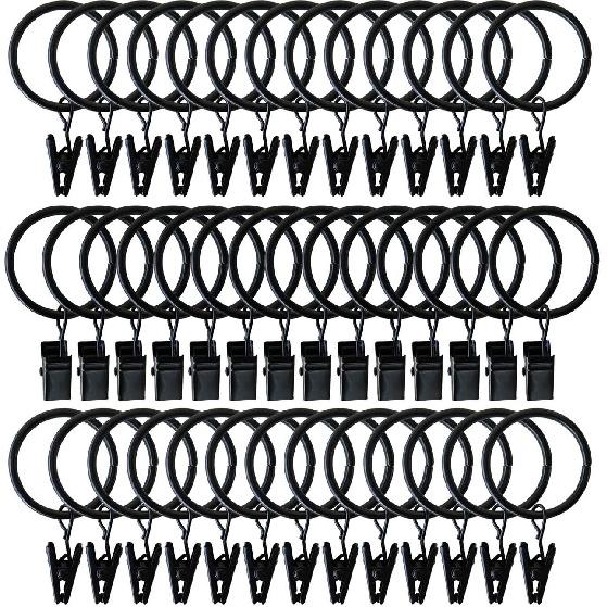 Curtain Rings with Clips - 1.41'' Interior Diameter, Strong Metal Decorative Drapery Window Curtain Ring with Clip, Set of 40(Black)