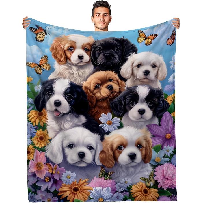 WZOMT Dog Blanket, Cute Floral Puppy Dog Print Throw Blankets Decor, Kawaii Dogs Themed Gifts for Women, Soft Cozy Fuzzy Plush Fleece Flannel
