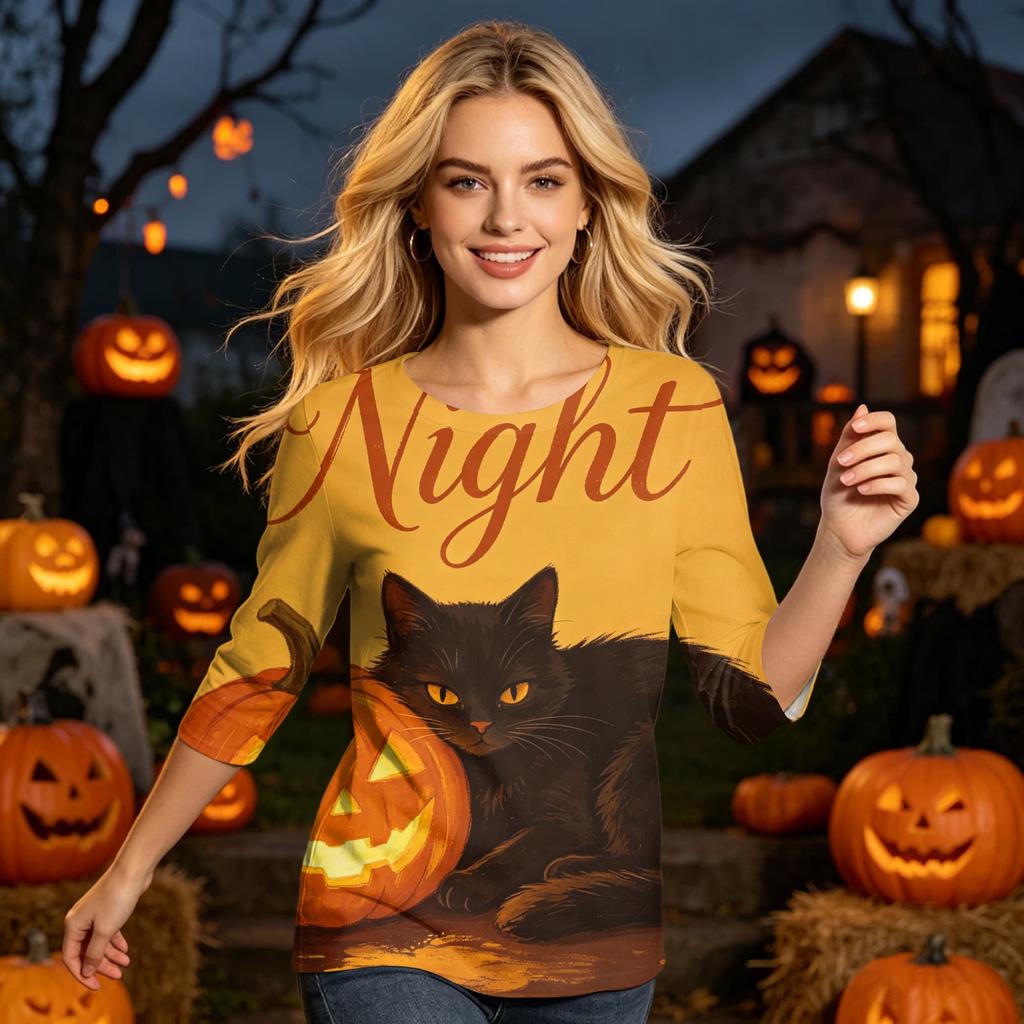 Women's Casual 3/4 Sleeve Halloween Print Round Neck Top Lightweight Loose Fit Pullover Shirt for Everyday Wear