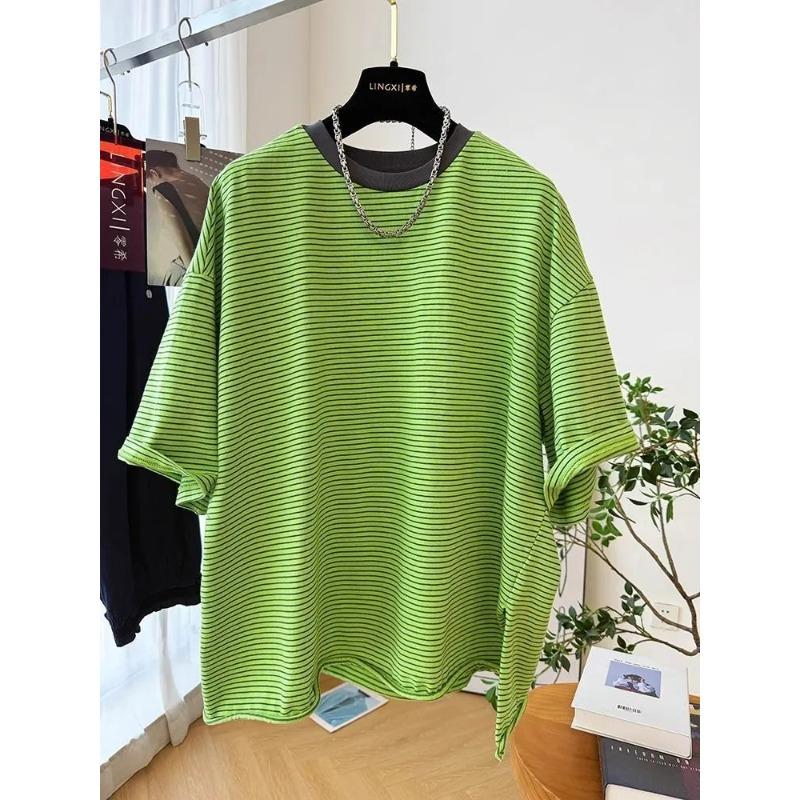 

Popular, Beautiful and Super Good-looking Tops, Light Luxury and Popular Green Striped Short-sleeves XL зелений