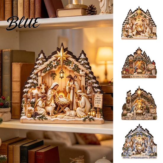 Rustic Farmhouse Christmas Decor Nativity Scene Table Decoration with LED Light 2D Flat Wooden Tabletop Sign Decorations Light Up Tiered Tray