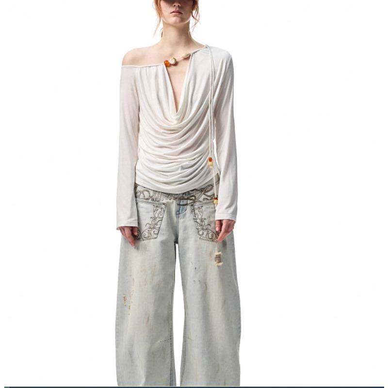 

Beaded Swinging Neck Off-the-shoulder Long-sleeved Smock Women s Lazy Pleated Off-the-shoulder Thin Deep V-top S