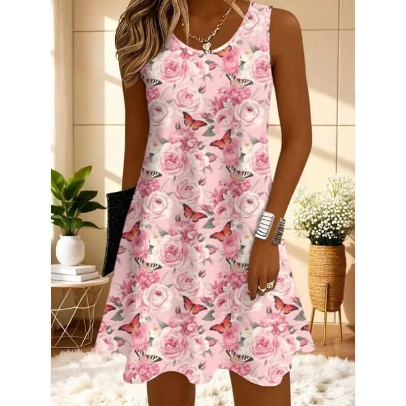 Women's Flower Pattern Printed Sleeveless Round Neck Dress Loose Soft and Comfortable Plus Size Dress