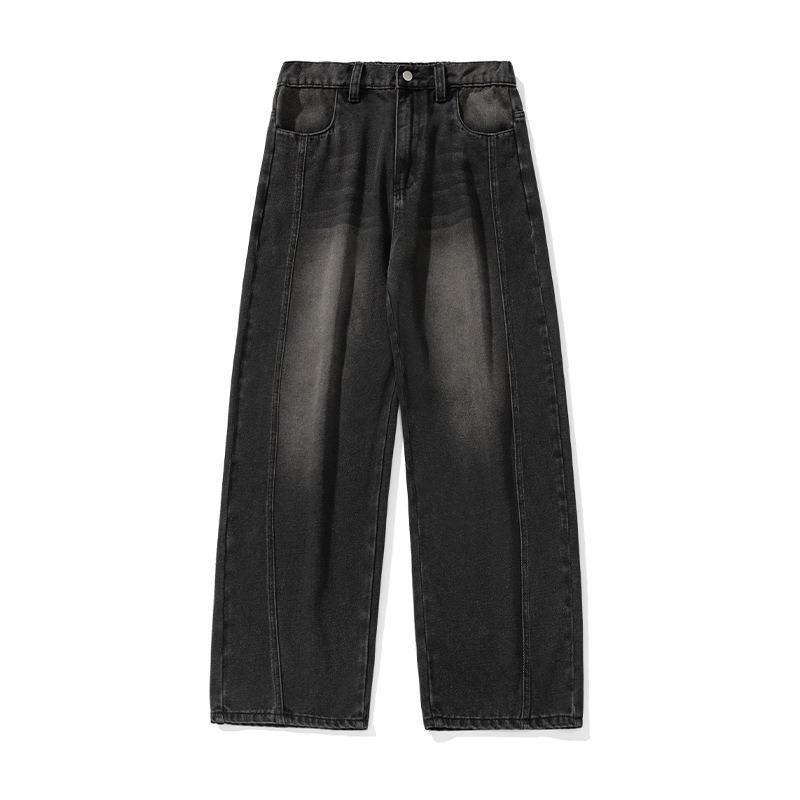 Men Loose Fit Washed Denim Jeans American Vintage Side Split Tapered Long Pants