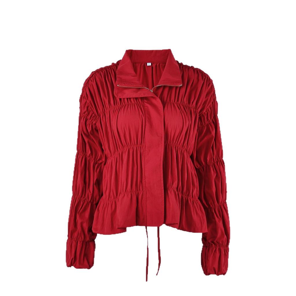 Women's Red Ruched Jacket 2026 Autumn Stand Collar Zip Front Drawstring Hem Long Sleeve Cropped Windbreaker Streetwear Casual Outerwear for Women