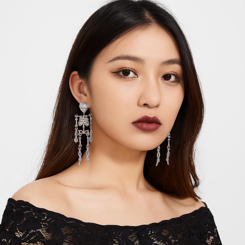 Shiny Rhinestone Skull Earrings Exaggerate Halloween Party Jewelry  Festival Jewelry