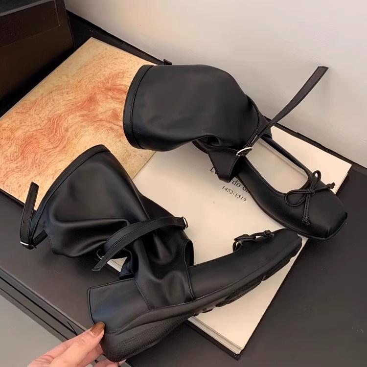 

Корейский нишевый дизайн крутые ботинки детские 2025 новые летние балетные ботинки-плиссе со сборками средней высоты 40 чёрный