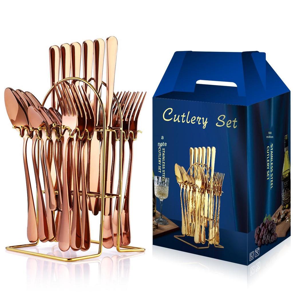24-Piece Gold Stainless Steel Cutlery Set with Knife, Fork, Spoon & Household Storage Rack In Gift Box