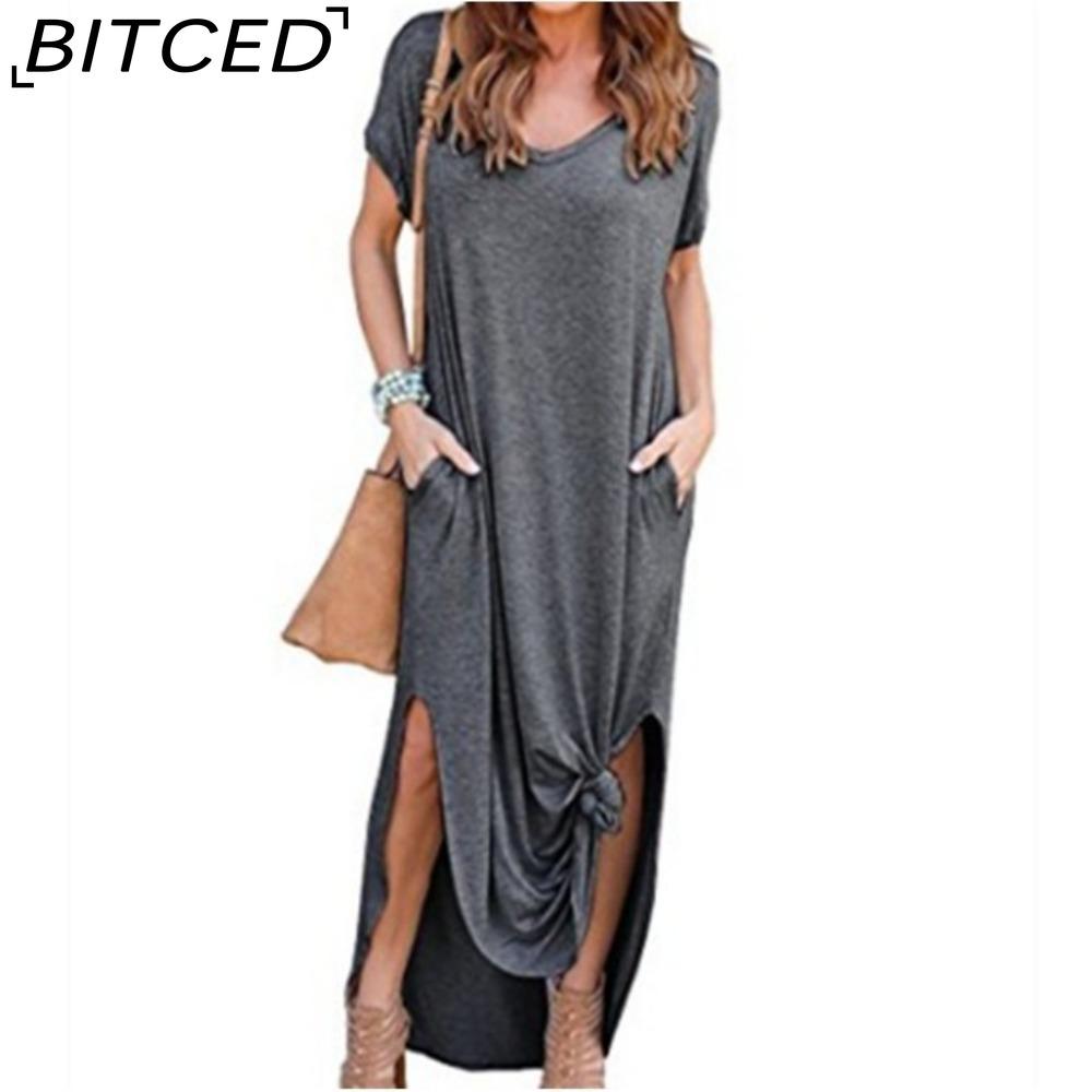 

BITCED Сексуальное женское платье размера плюс 5XL, летнее однотонное повседневное платье макси с коротким рукавом для женщин, длинное платье, женские платья XXXXXL темно серый
