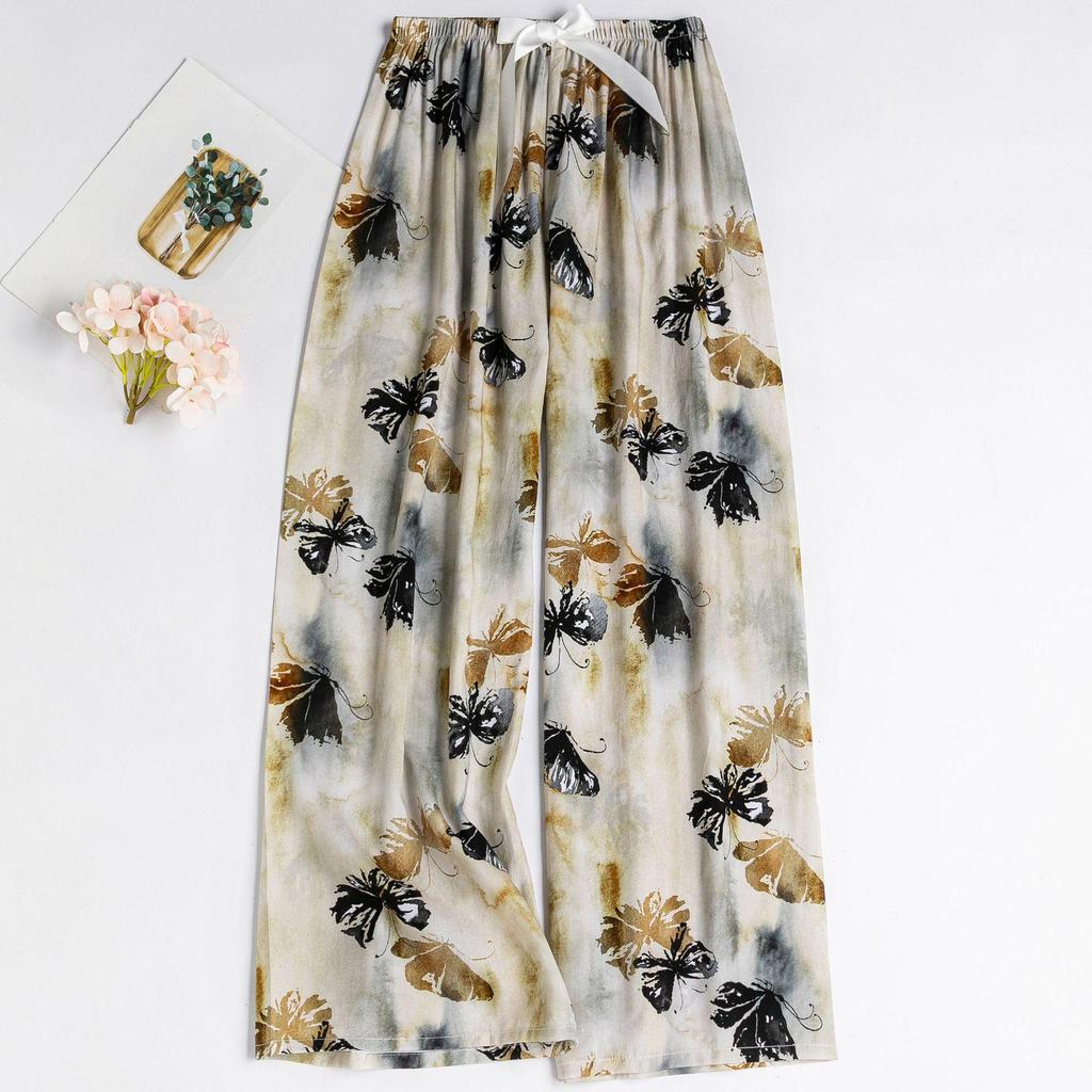 Women's Floral Cotton Silk Pajama Pants, Mosquito Repellent, Outdoor & Home Wear, Plus Size, Lightweight Summer Style.