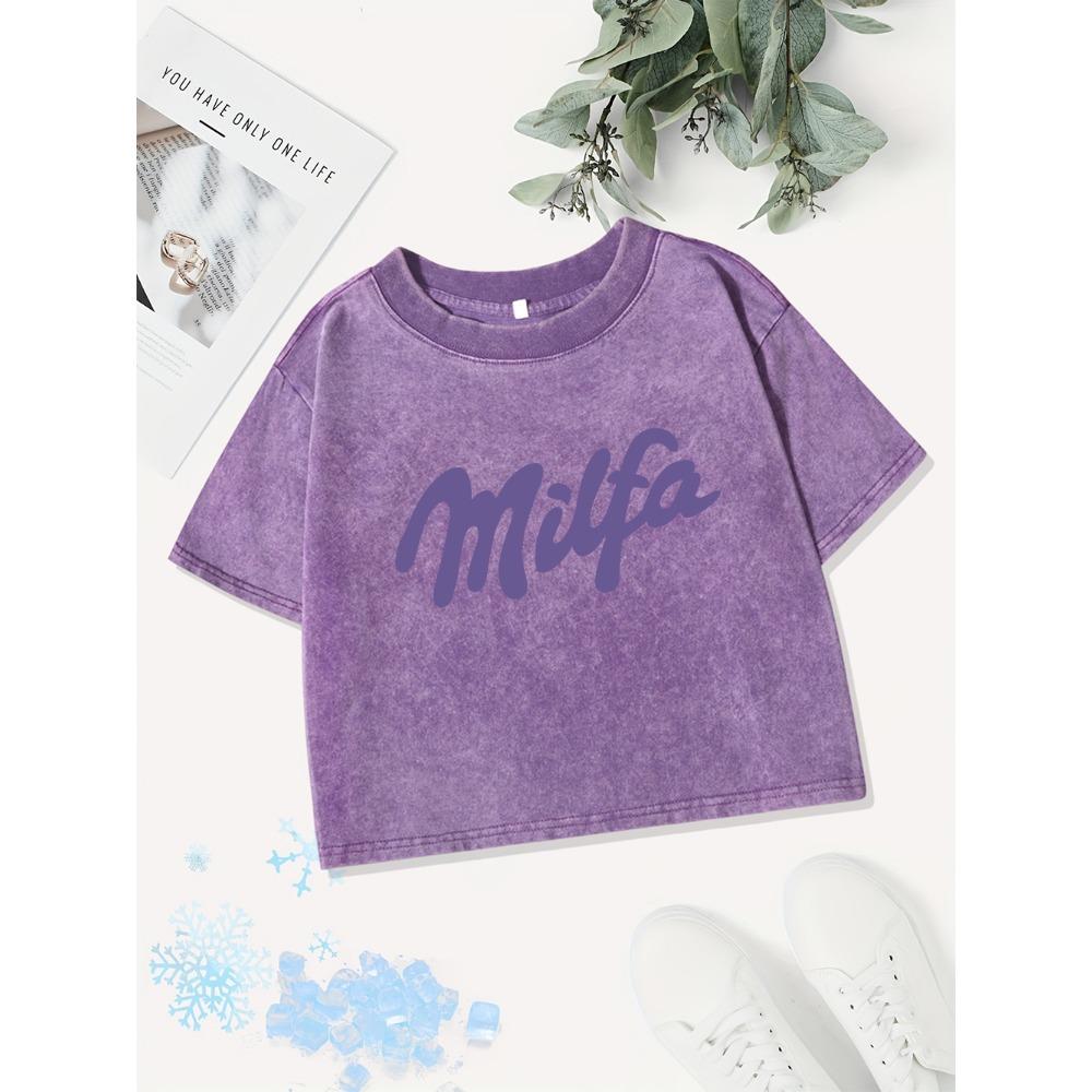 Summer Cotton Crop Tops Women Milfa Letter Prints Washed T-Shirts Distressed Regular Fit O-Neck Streetwear Clothes