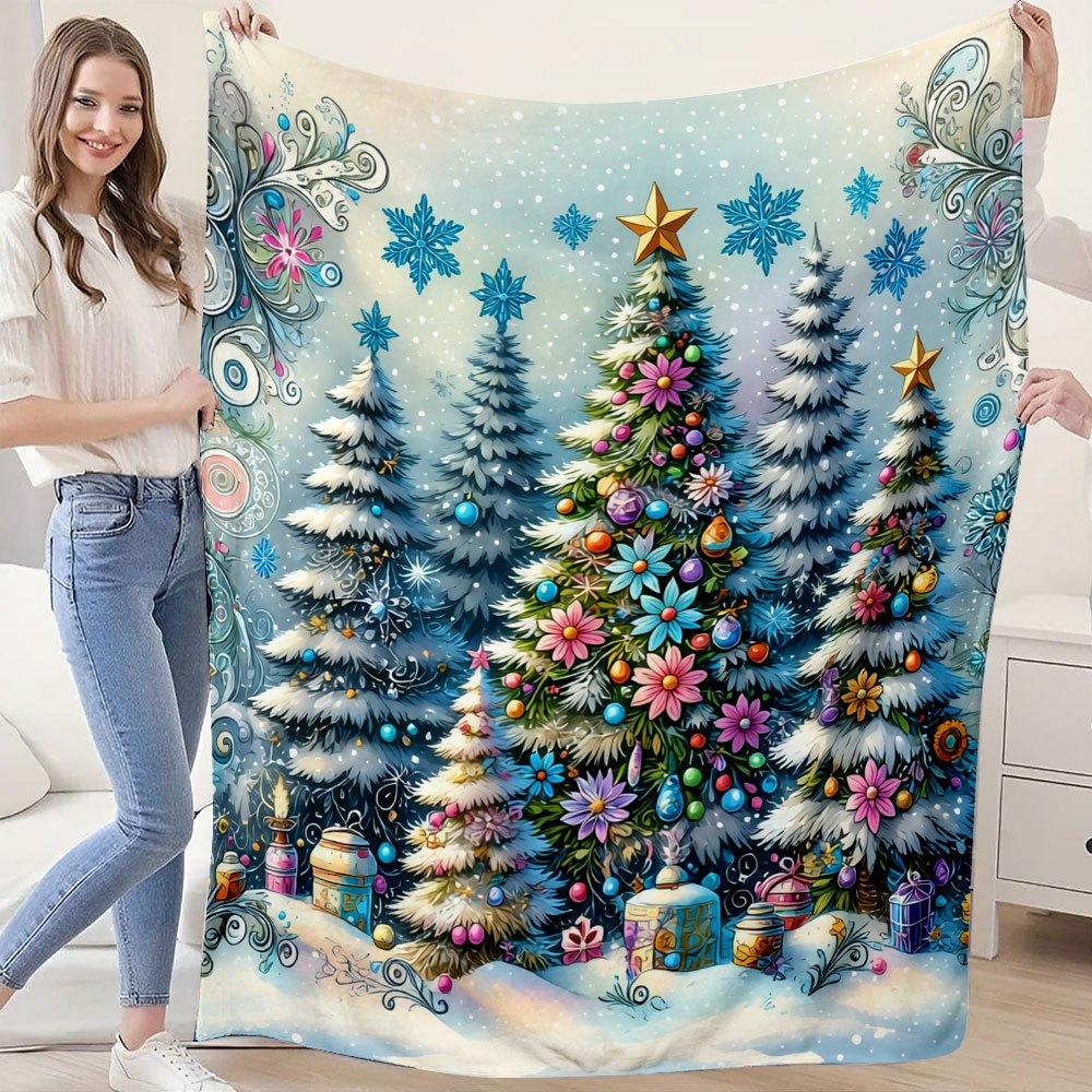 1pc Christmas Print Flannel Blanket Christmas Tree Snowman Nap Blanket Holiday Home Decor Sofa Blanket