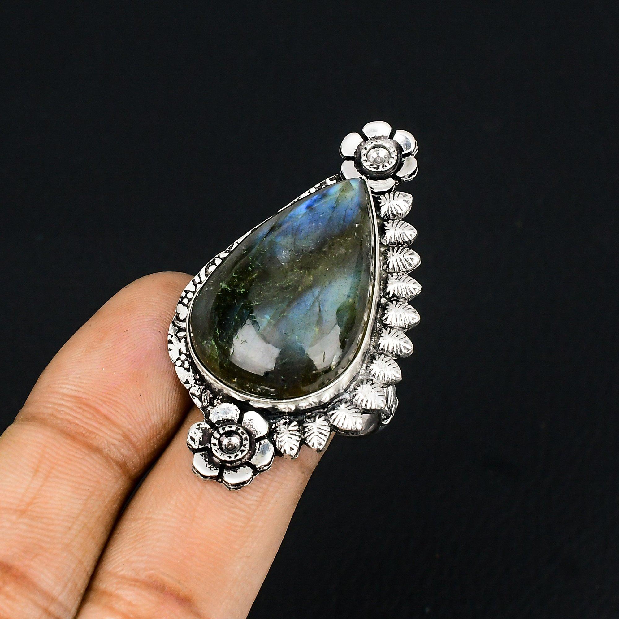 Natural Labradorite Gemstone Solitaire Flower Ring Size 7 925 Sterling Silver 7