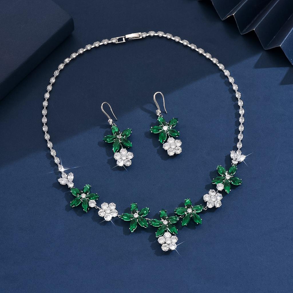 3-teiliges Damenmode Zirkon Serie Grünes Blumen Halskette Ohrringe Zirkon Set Geeignet für Hochzeit, Party, Festival Geschenke-8581