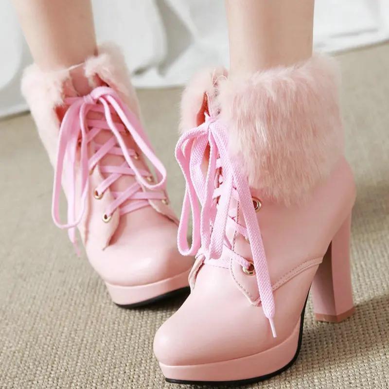 Fashion 2024 New High-heeled Boots Round Head Waterproof Platform High-heeled Mao Mao Women's Boots Sweet Front Lace-up Short Shoes