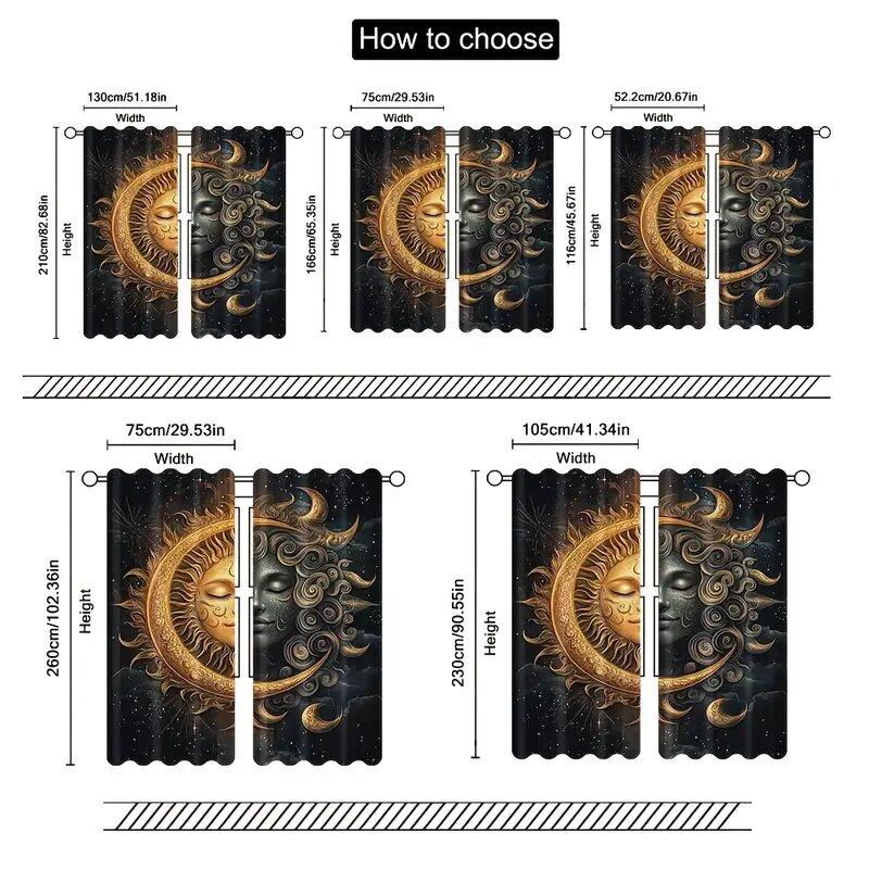 Set Of 2 Sun Moon Splicing Print Curtains Suitable Bedroom Living Room Kitchen Decoration Home Window Decor Curtain Polyester Perfect For Area