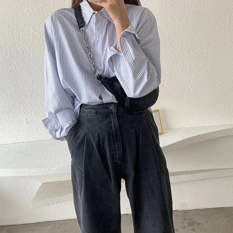 WTEMPO Office Ladies Spring Fall Striped Bottoming Long Sleeve Shirts Women Large Size Butttons Turn-down Collar Casual Shirts
