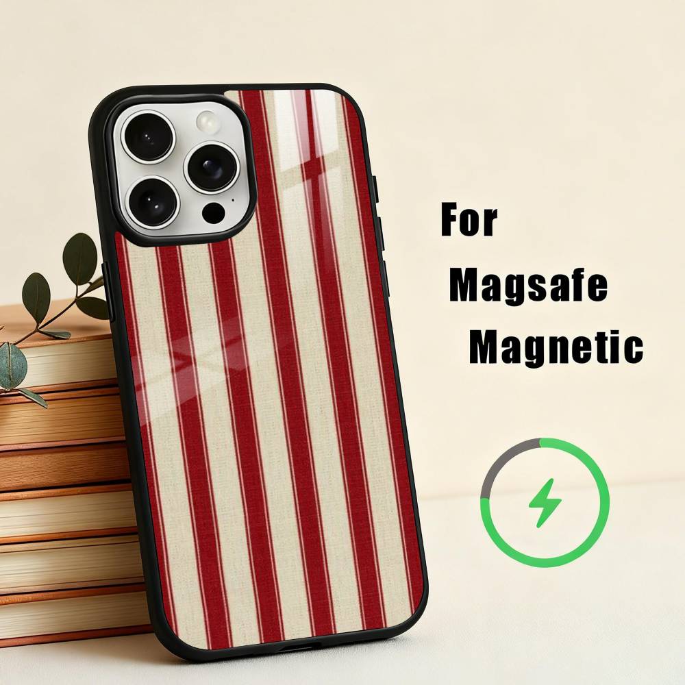 B-Burgundy W-White Stripe Phone Case For iPhone 17,16,15,14,13,12,Plus,Pro,Max for Magsafe Magnetic Wireless Charging
