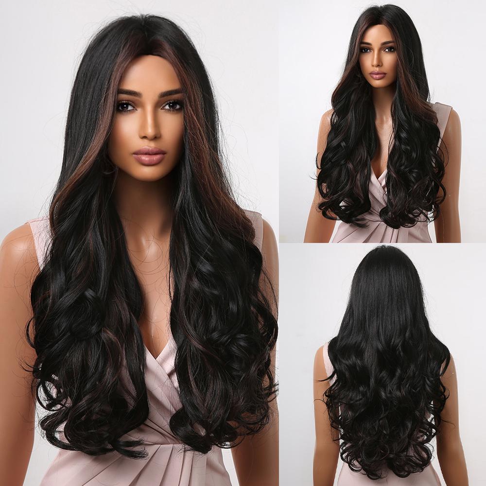 Ombre Brown Long Wavy Synthetic Hair Wig for Black Women Afro Middle Part Heat Resistant Fiber Cosplay Daily Use Hair Wigs