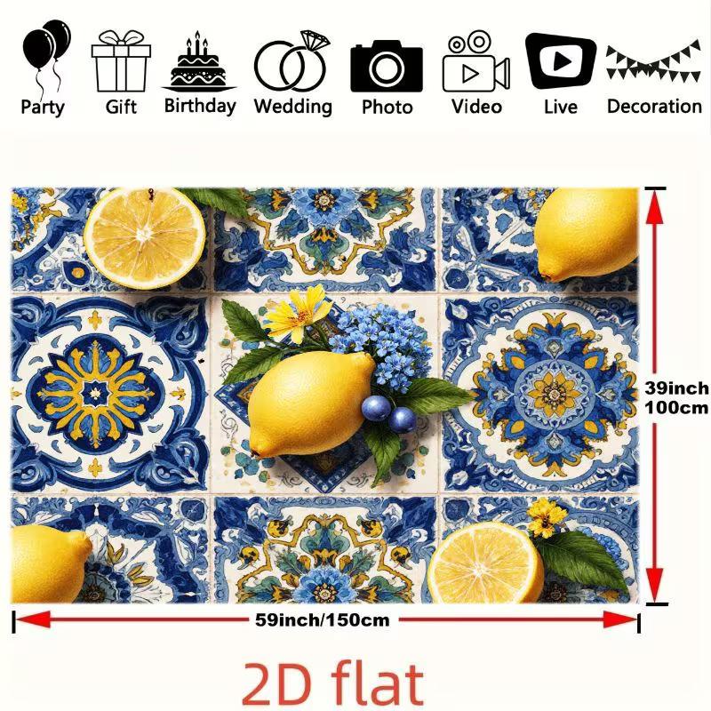 2D Mediterranean Lemon Backdrop, Blue Talavera Tiles with Lemons Photo Background