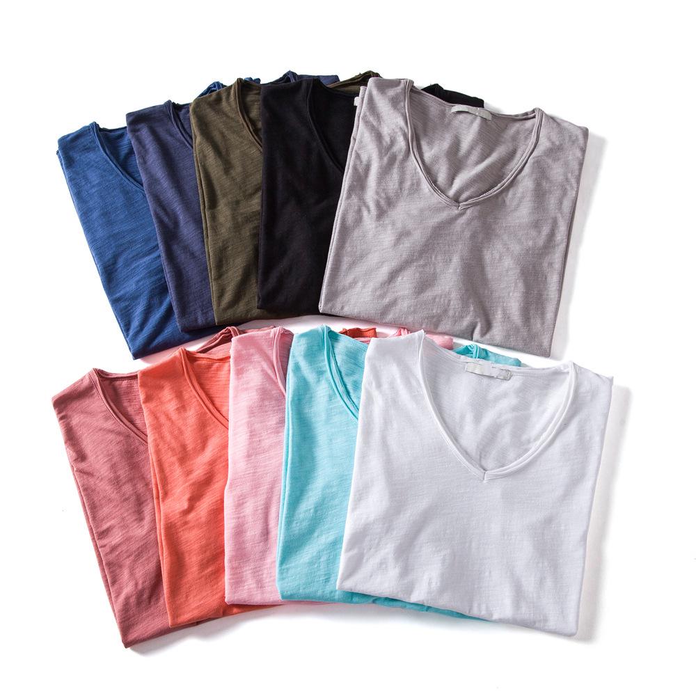 Herren Sommer V-Ausschnitt T-Shirt - Reine Baumwolle Slub, Unifarbe, Kurzarm