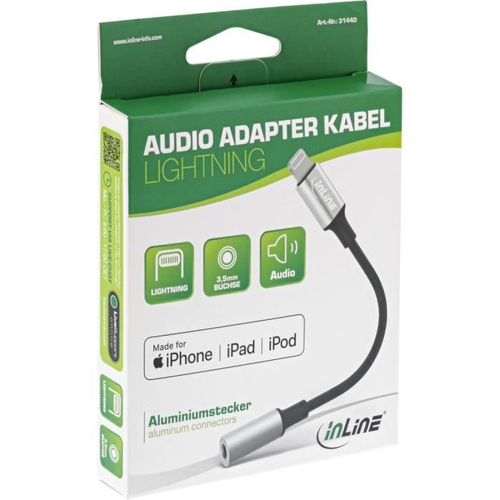 Adaptateur audio lightning - inline - câble 0,1 m - argent/noir - prise casque 3,5 mm - microphone compatible
