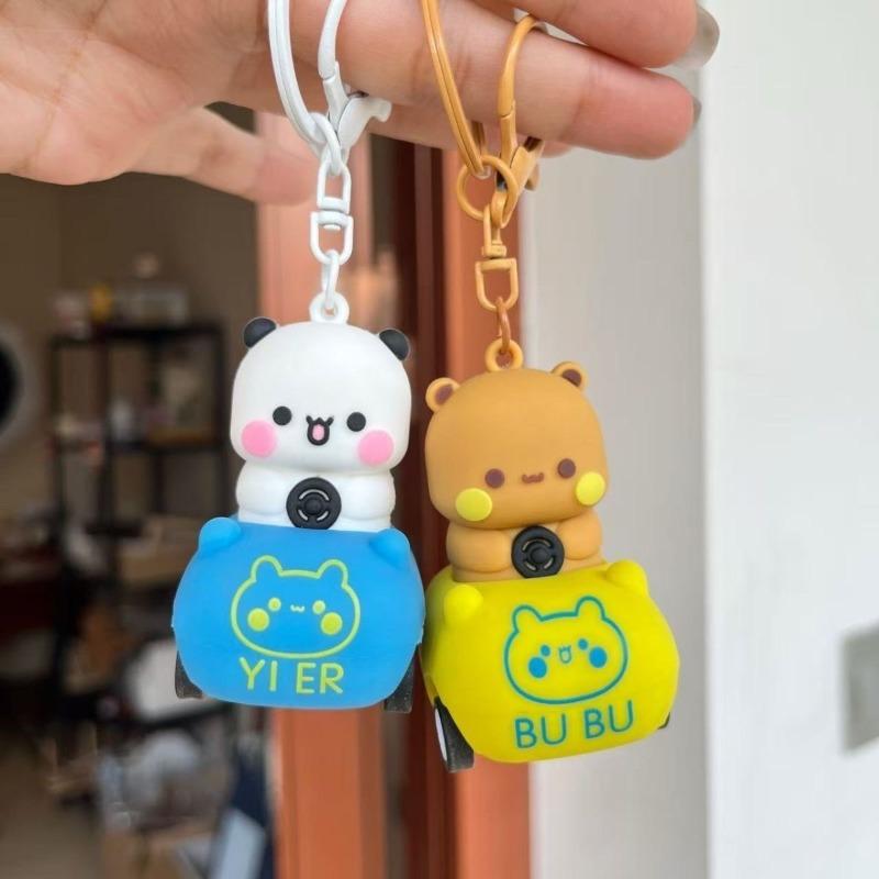 Cute Panda Bubu Yier Keychain Cartoon Panda Bubu and Dudu Driving A Small Car Modeling Keychain Backpack ornament Keychain Gift