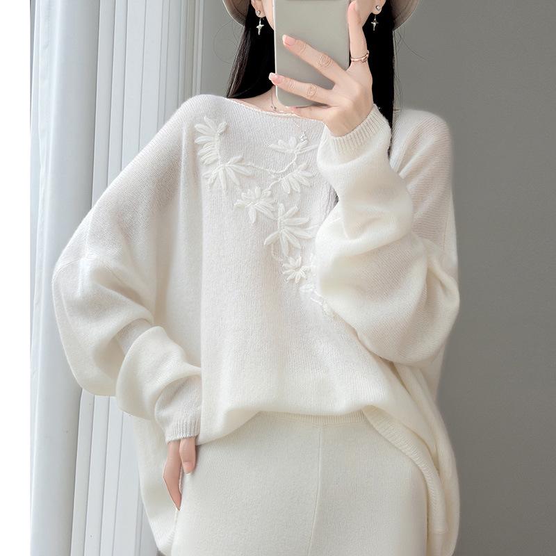 Damen 100% Wolle Handbestickter Lockerer Rundhals-Oversize-Pullover-Top für den Winter