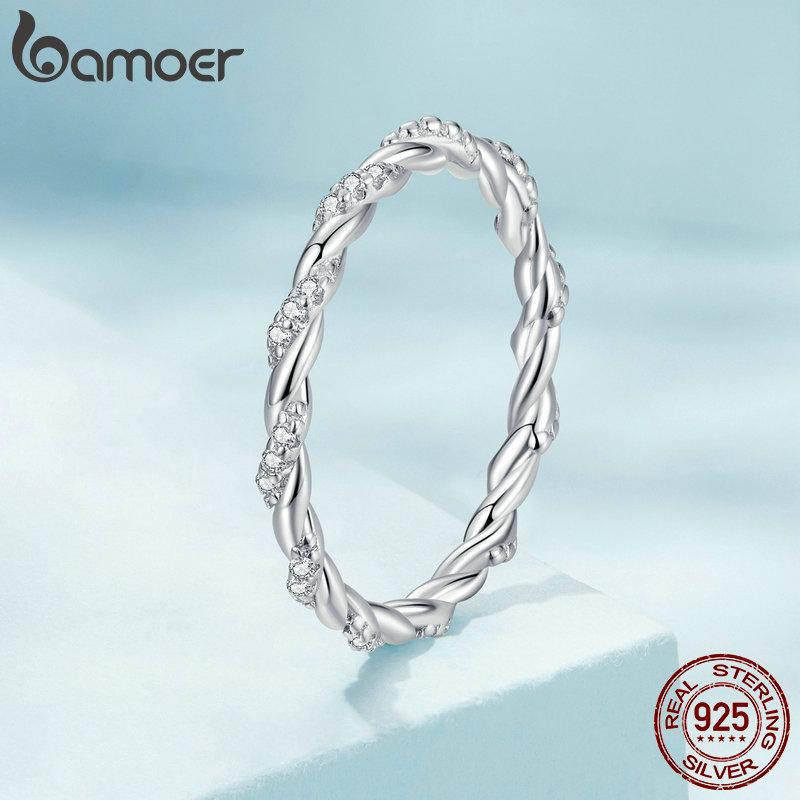 BAMOER 925 Silver Braided Texture Twisted Eternity Band Stackable Rings Fine Jewelry