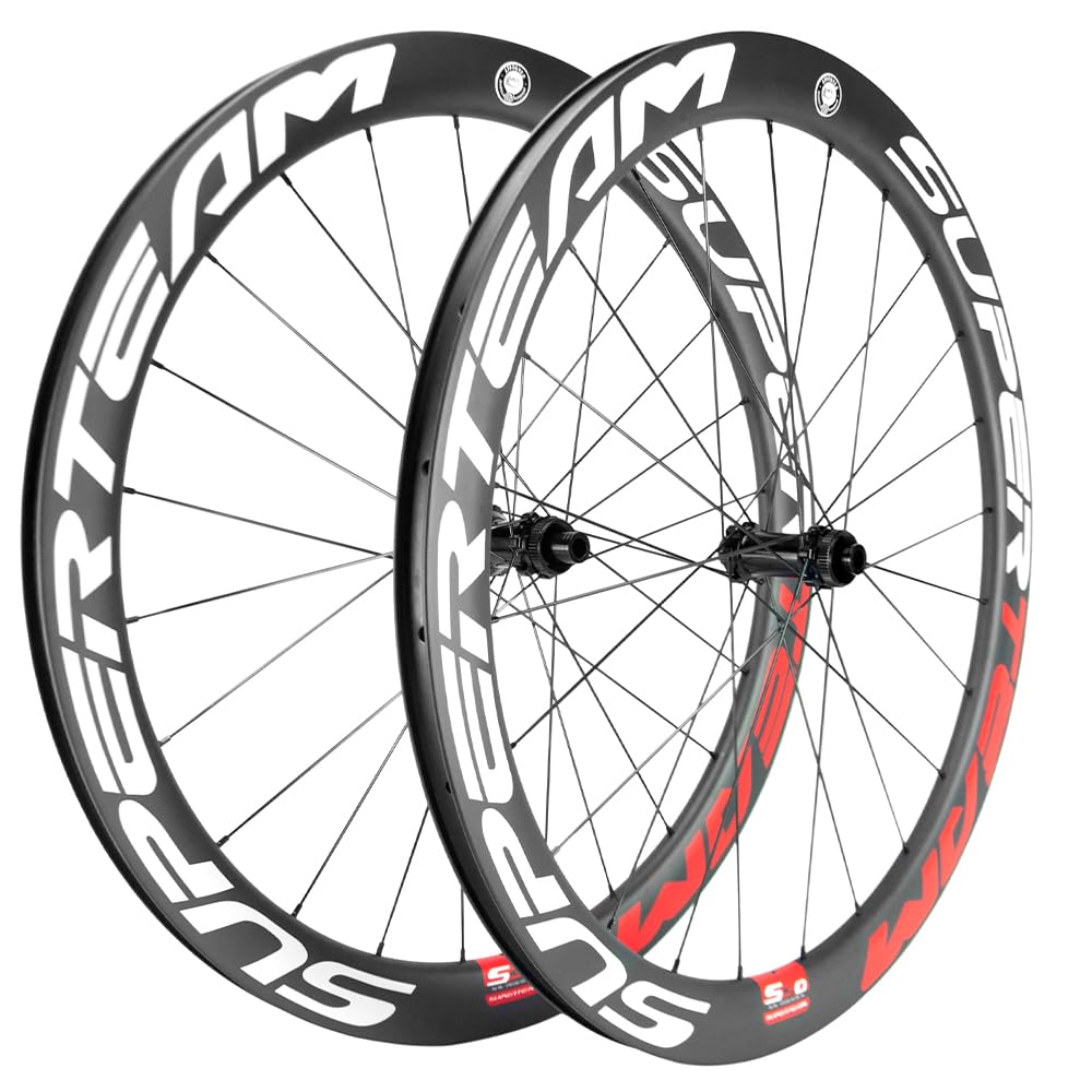 SUPERTEAM Carbon Clincher Wheels 700C Disc Brake Bike Wheel Set and Center Lock Thru Axle 50C-25 (White Red, 12100-12142)