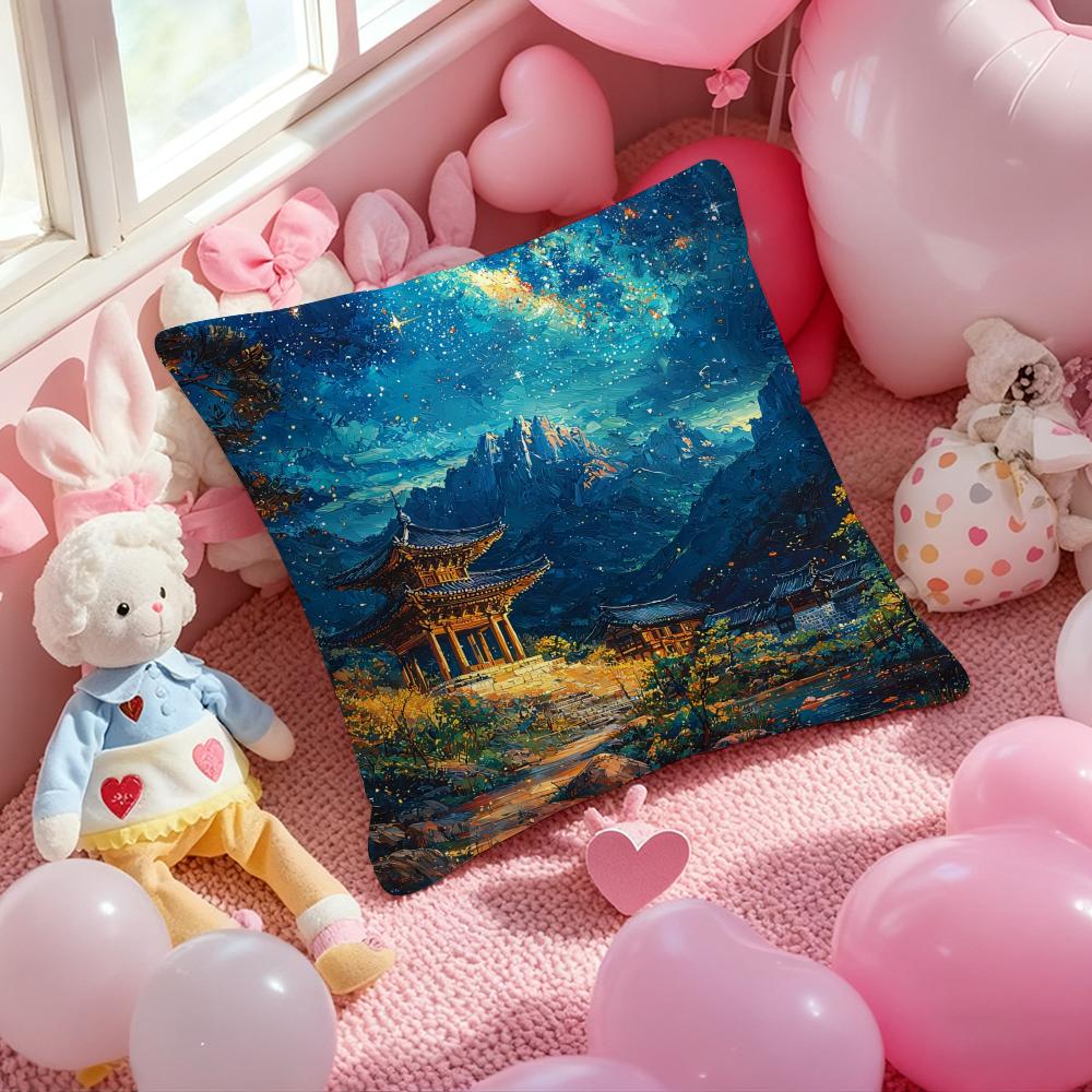 Korea Foguo Temple Cushion Cover Pattern Printed Pillowcase for Living Room Sofa Cushion Cover & Bedroom Decor