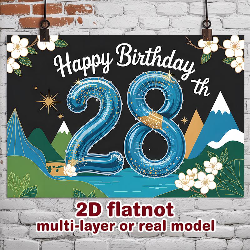 Party Backdrop Happy Birthday Birthday Floral Blue 28Th Photo Booth Background Front Door Decor