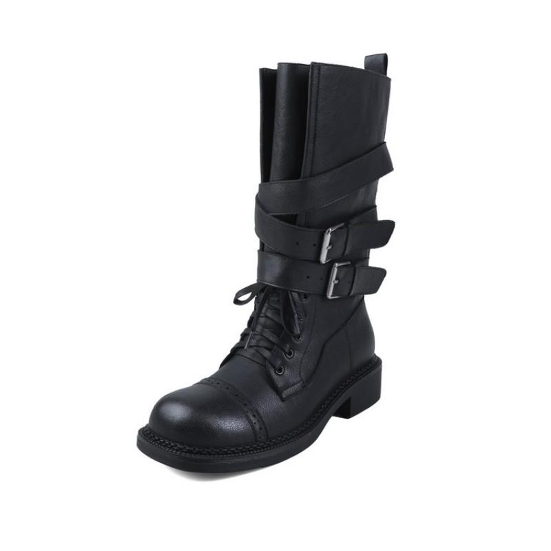 Womens Vintage Distressed British Ankle Boots Mid Heel Biker With Buckle Fall Winter